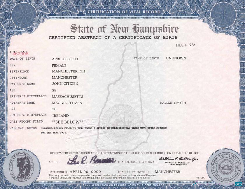 Download USA New Hampshire birth cert Photoshop template